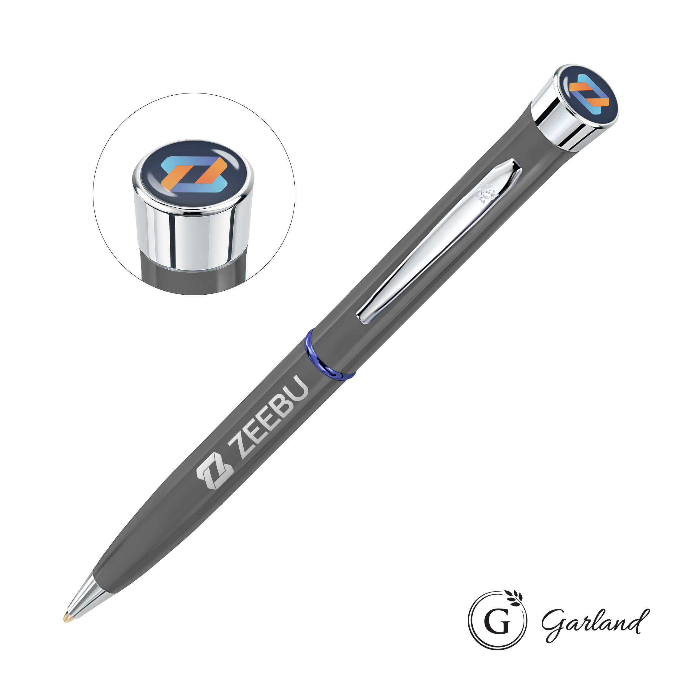 Custom, Ballpoint, Chrome, Grey with Blue Band / Chrome