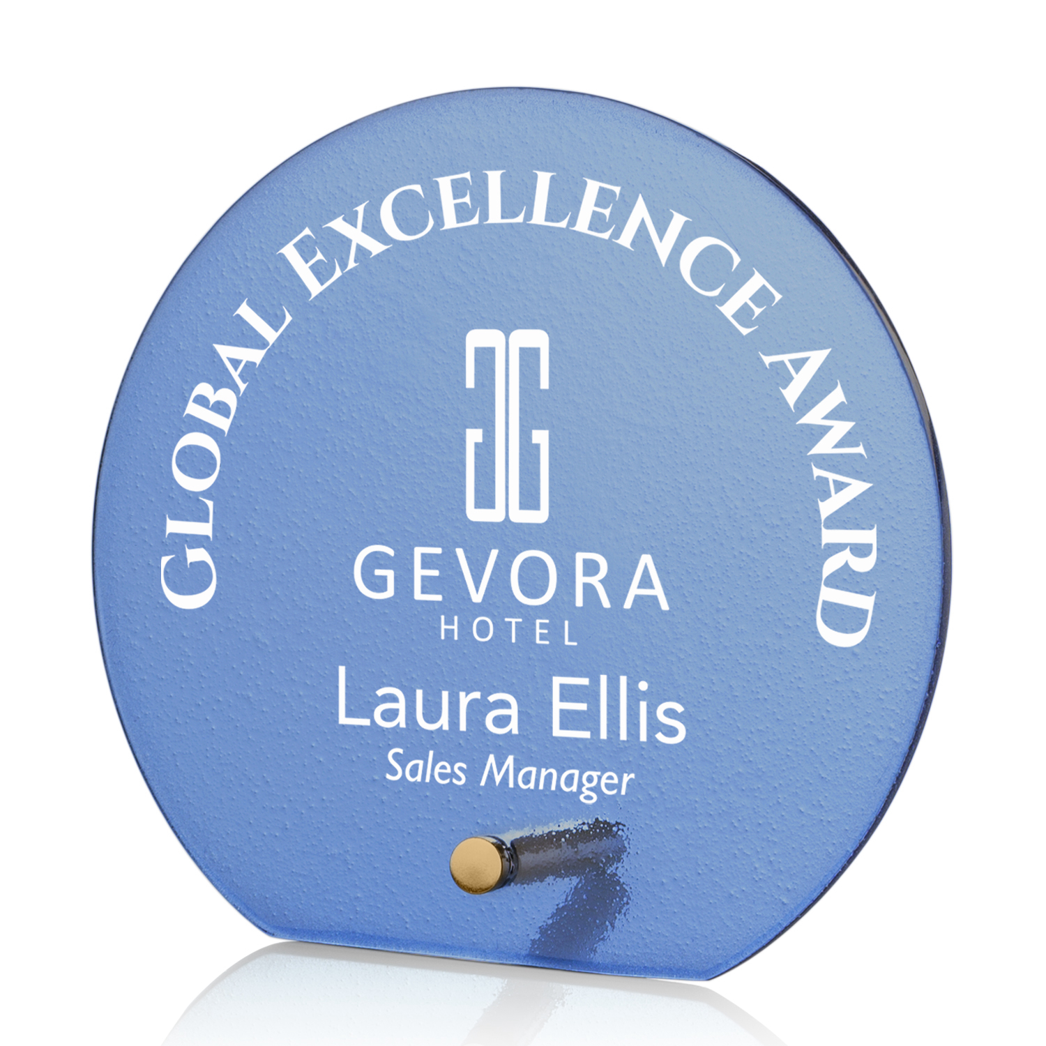 Blue, Circle, 1 Color, 1 Location Imprint, Gold, 5" x 4.75" x 2"