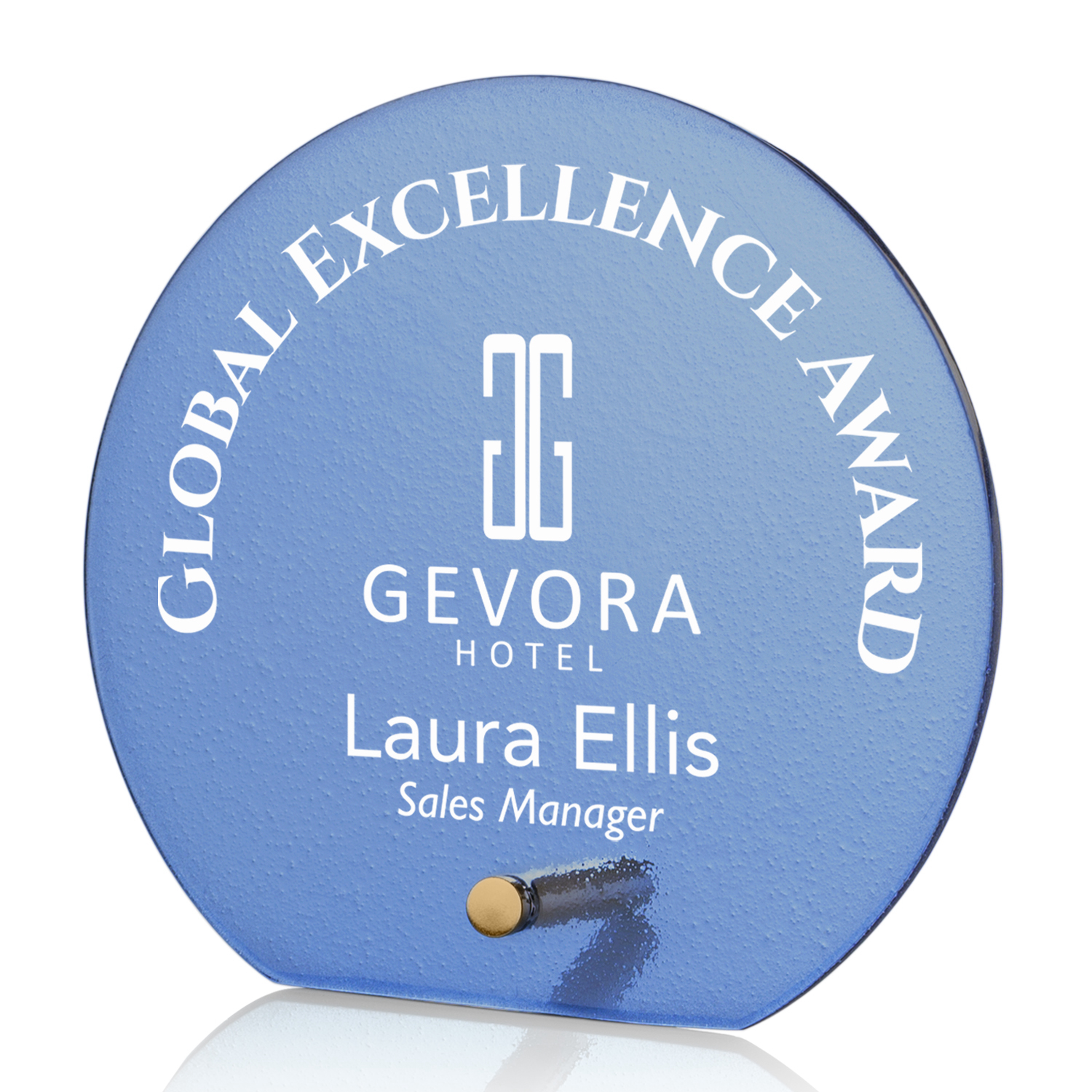 Blue, Circle, 1 Color, 1 Location Imprint, Gold, 6" x 5.75" x 2"